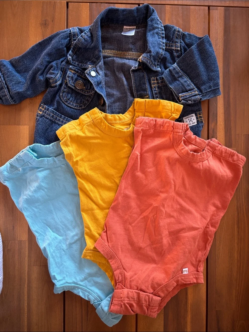 Denim Jacket + 3 Solid Color Baby Bodysuits - Blue, Yellow, Coral